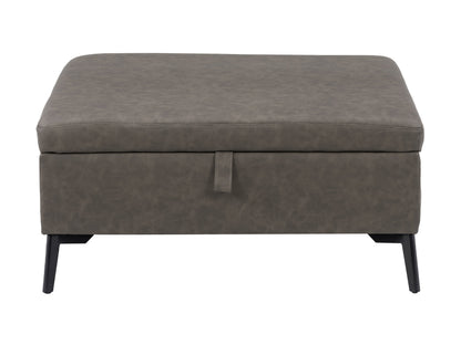 Mid-century modern grey ottoman with wooden legs, tufted fabric upholstery, and sleek minimalist design.