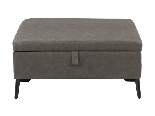 Mid-century modern grey ottoman with wooden legs, tufted fabric upholstery, and sleek minimalist design.