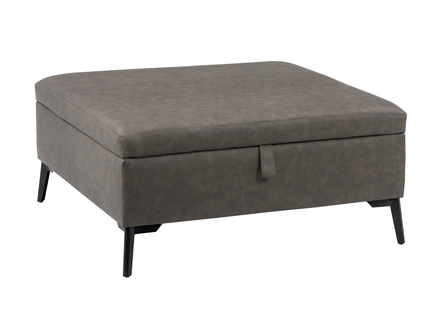 Mid-century modern grey ottoman with tufted fabric and wooden legs.