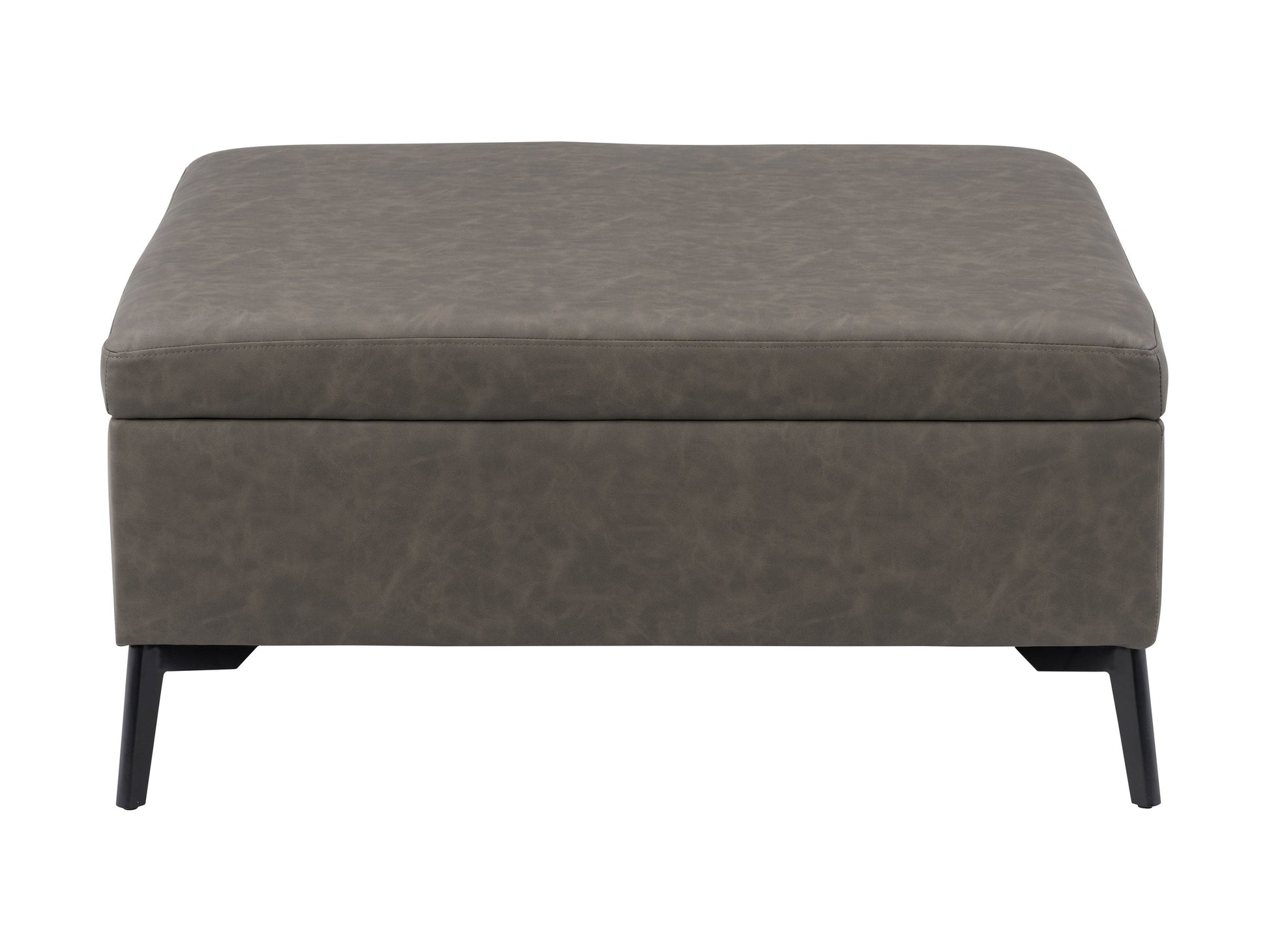 Mid-century modern grey ottoman with wooden legs and tufted fabric upholstery.