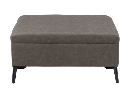 Mid-century modern grey ottoman with wooden legs and tufted fabric upholstery.