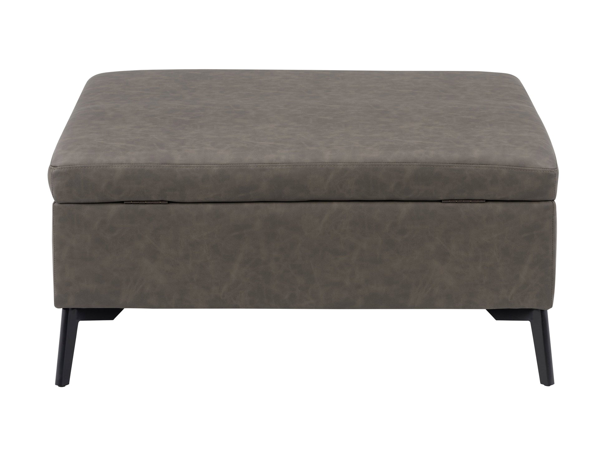 Mid-century modern grey ottoman with wooden legs and tufted fabric.