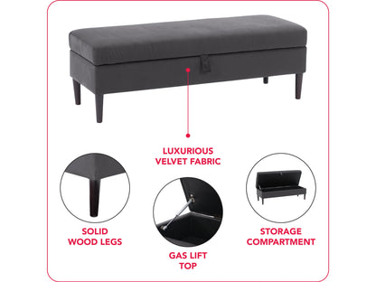 Dark grey velvet storage ottoman with tufted top and wooden legs.