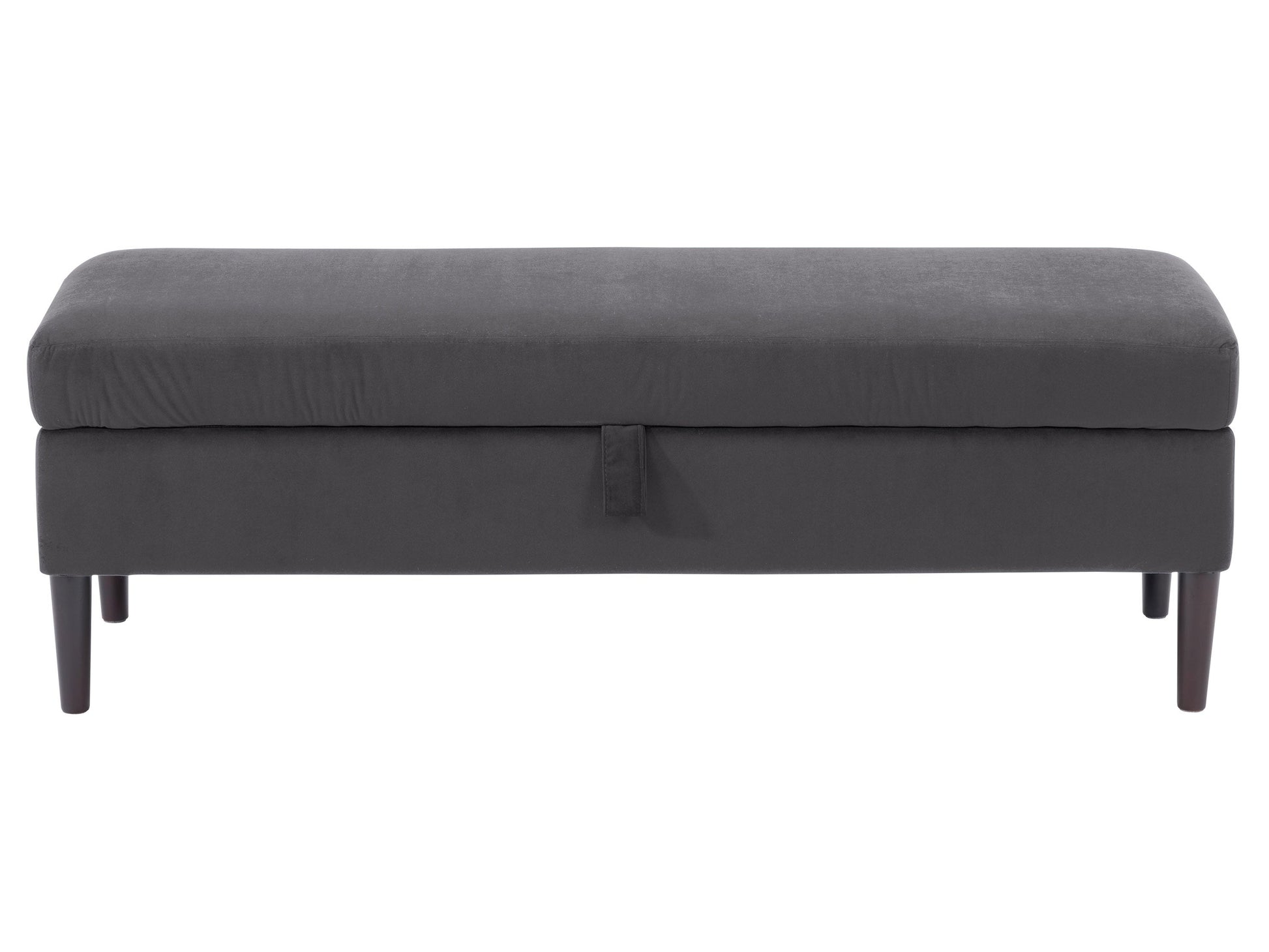 Dark grey velvet storage ottoman with tufted cushion and wooden legs.