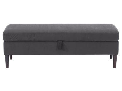 Dark grey velvet storage ottoman with tufted cushion and wooden legs.