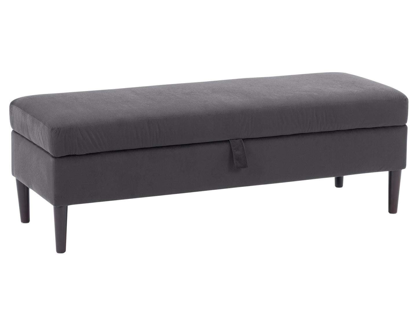 Dark grey velvet storage ottoman with tufted top and wooden legs.