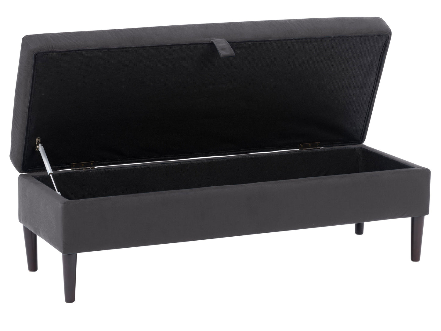 Dark grey velvet storage ottoman with tufted top and wooden legs, elegant and functional furniture piece.