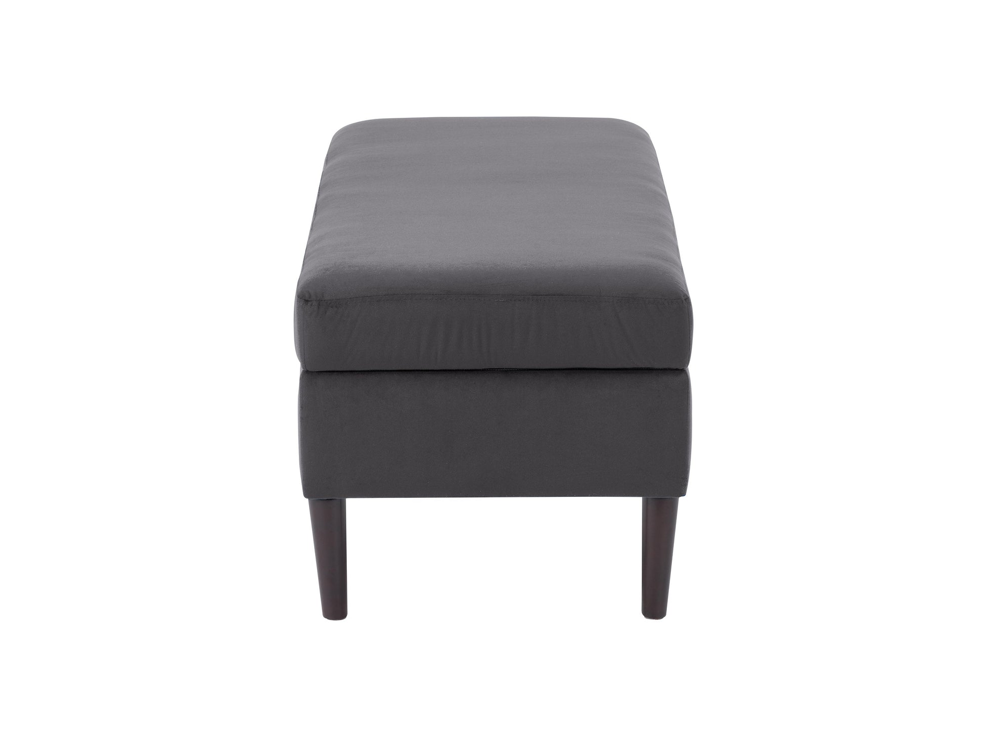 Dark grey velvet storage ottoman with tufted top and wooden legs.