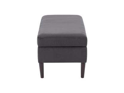 Dark grey velvet storage ottoman with tufted top and wooden legs.