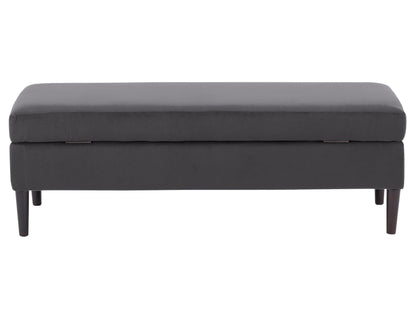 Dark grey velvet storage ottoman with tufted top and wooden legs, perfect for living room or bedroom decor.