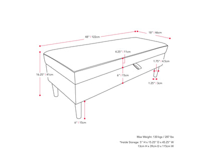 Light grey velvet storage ottoman with tufted top and wooden legs.