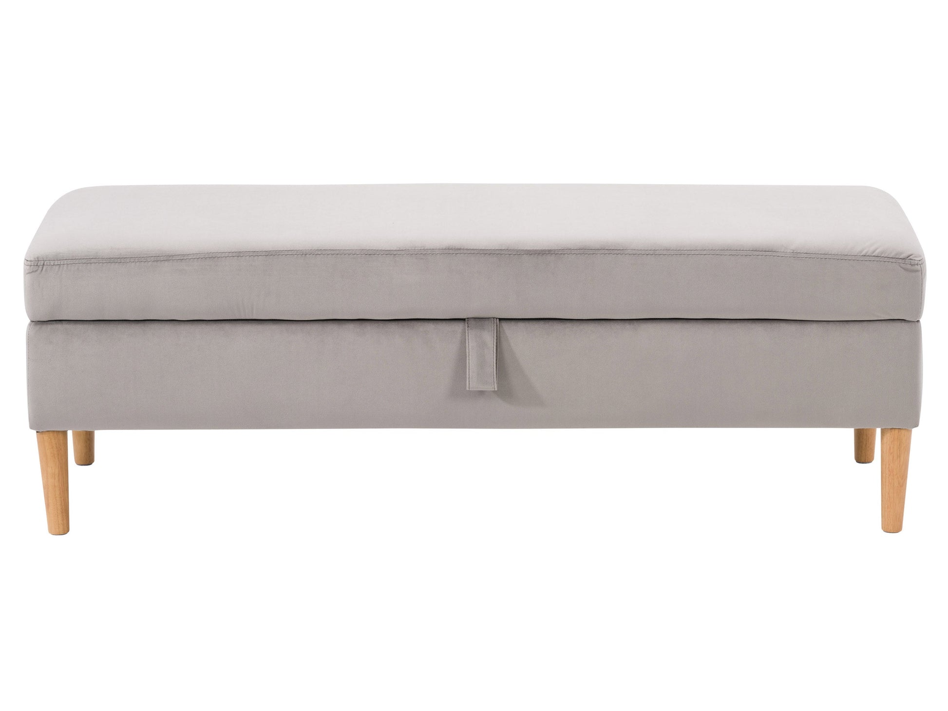 Light grey velvet storage ottoman with tufted top and wooden legs.