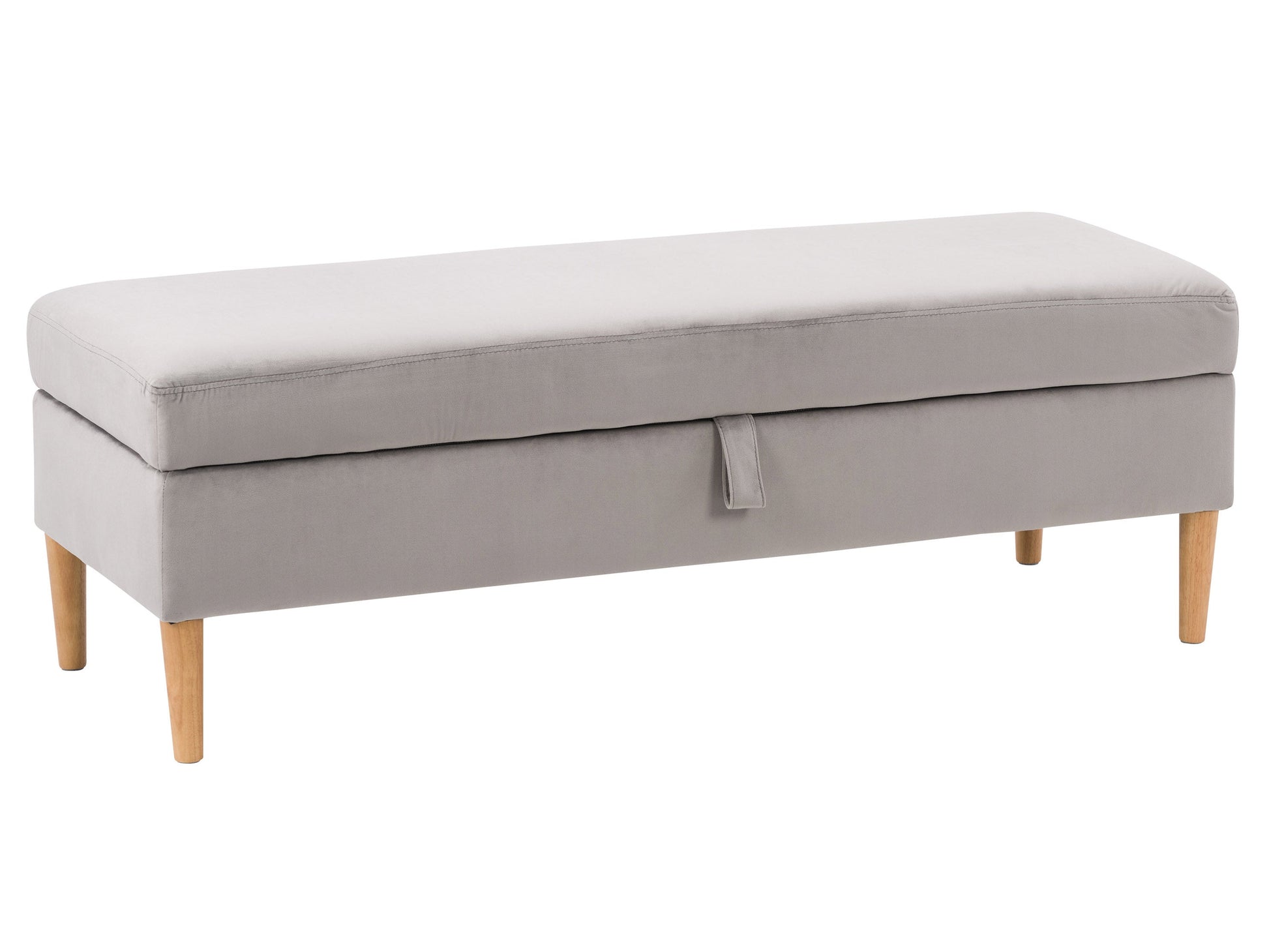 Light grey velvet storage ottoman with button-tufted seat and wooden legs.