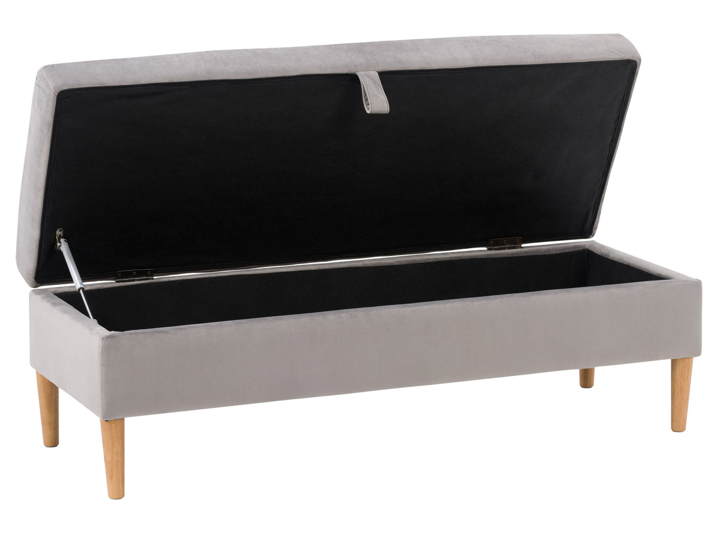 Light grey velvet storage ottoman with tufted top and wooden legs.