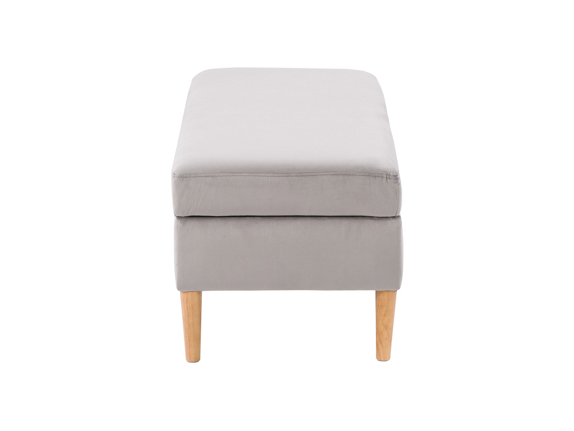 Light grey velvet storage ottoman with tufted seat and wooden legs.