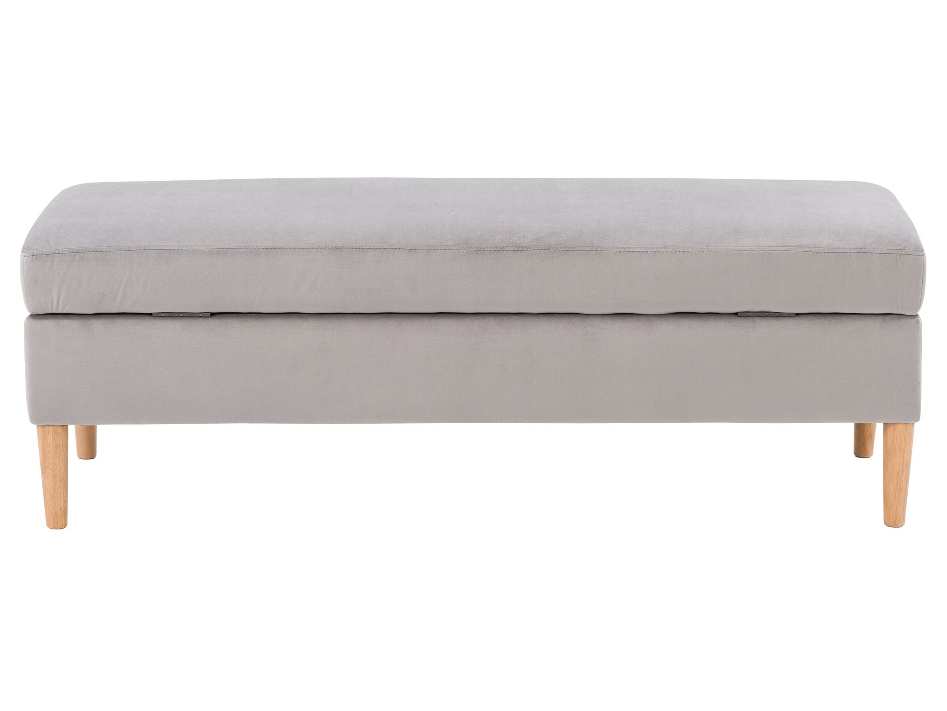 Light grey velvet storage ottoman with tufted top and sleek wooden legs.