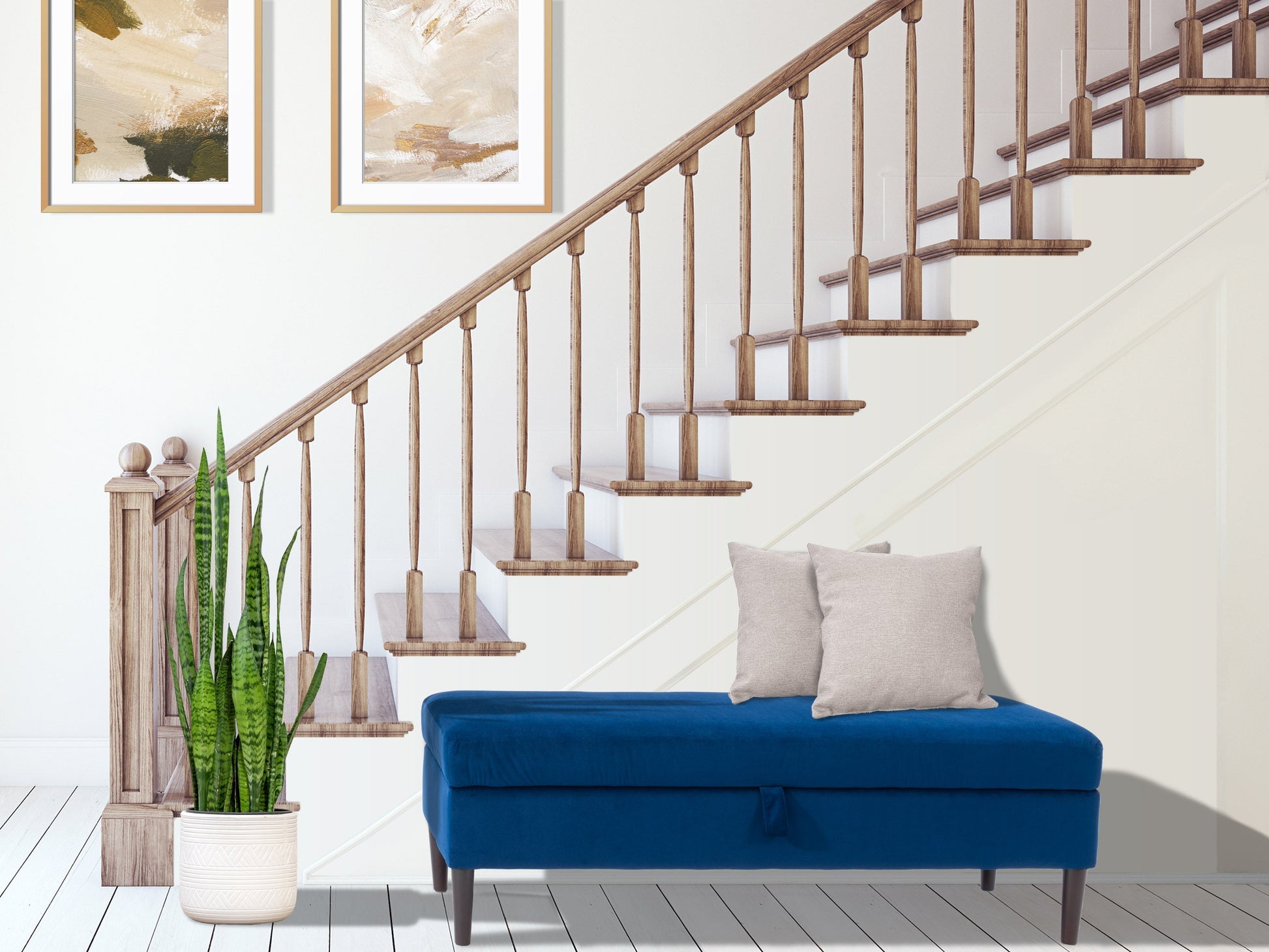 Blue velvet storage ottoman with tufted top, wooden legs, and spacious interior storage.