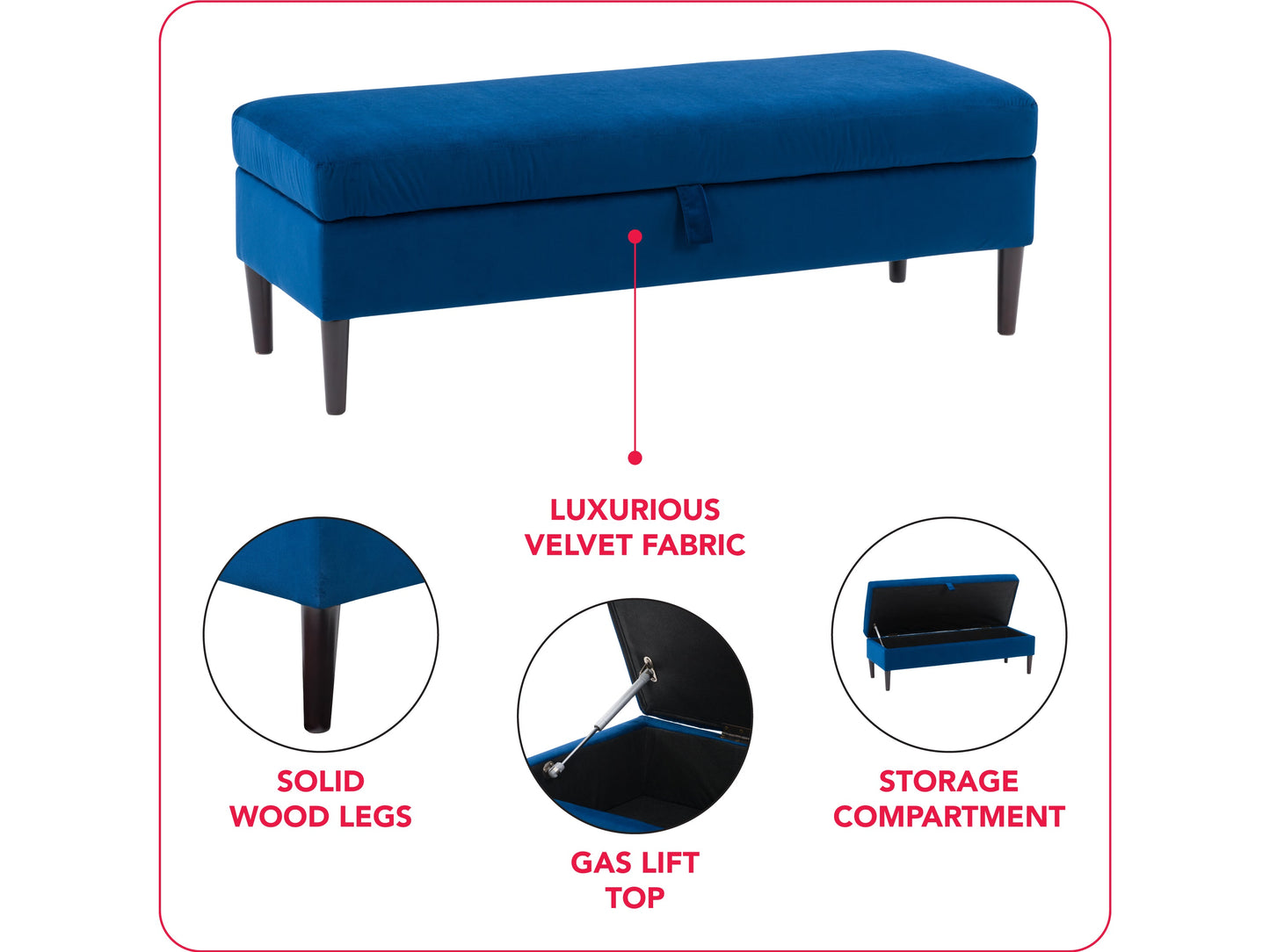 Blue velvet storage ottoman with tufted top and wooden legs, elegant and functional furniture piece.