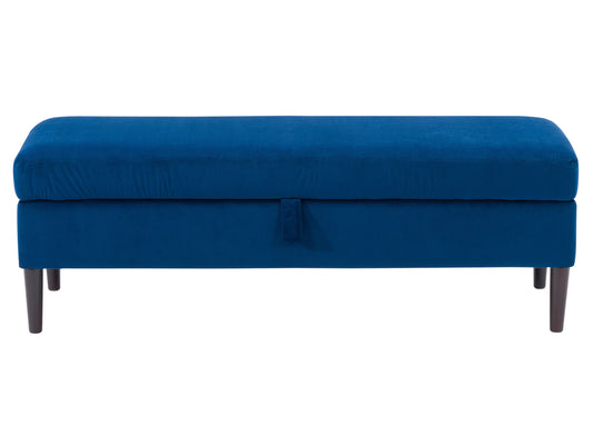 Blue velvet storage ottoman with tufted top and wooden legs.