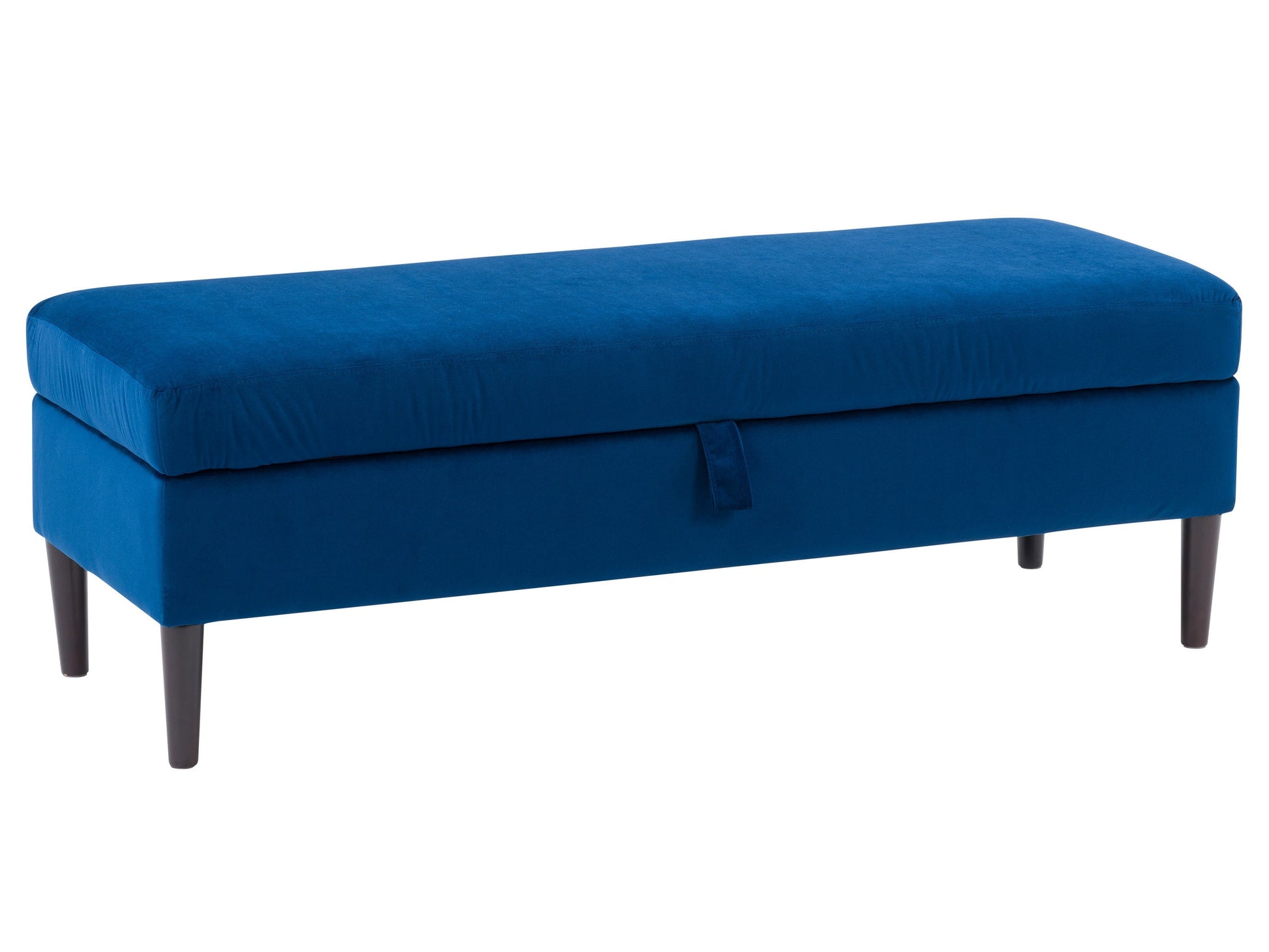 Blue velvet storage ottoman with tufted top, gold metal legs, and hidden compartment.