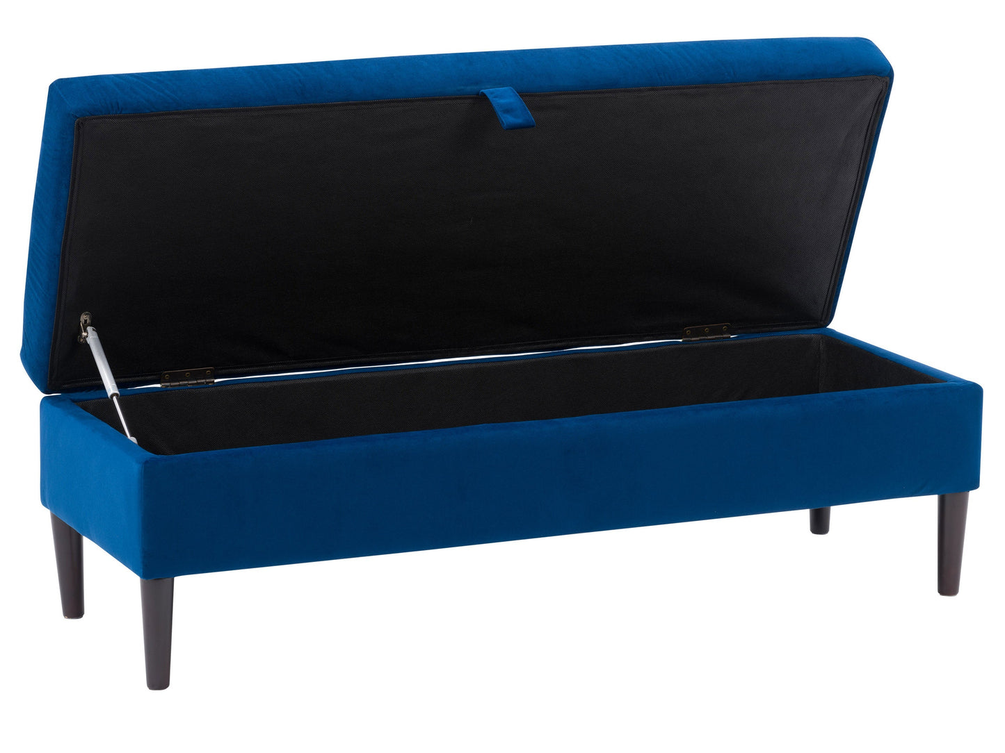 Blue velvet storage ottoman with tufted cushion and wooden legs.