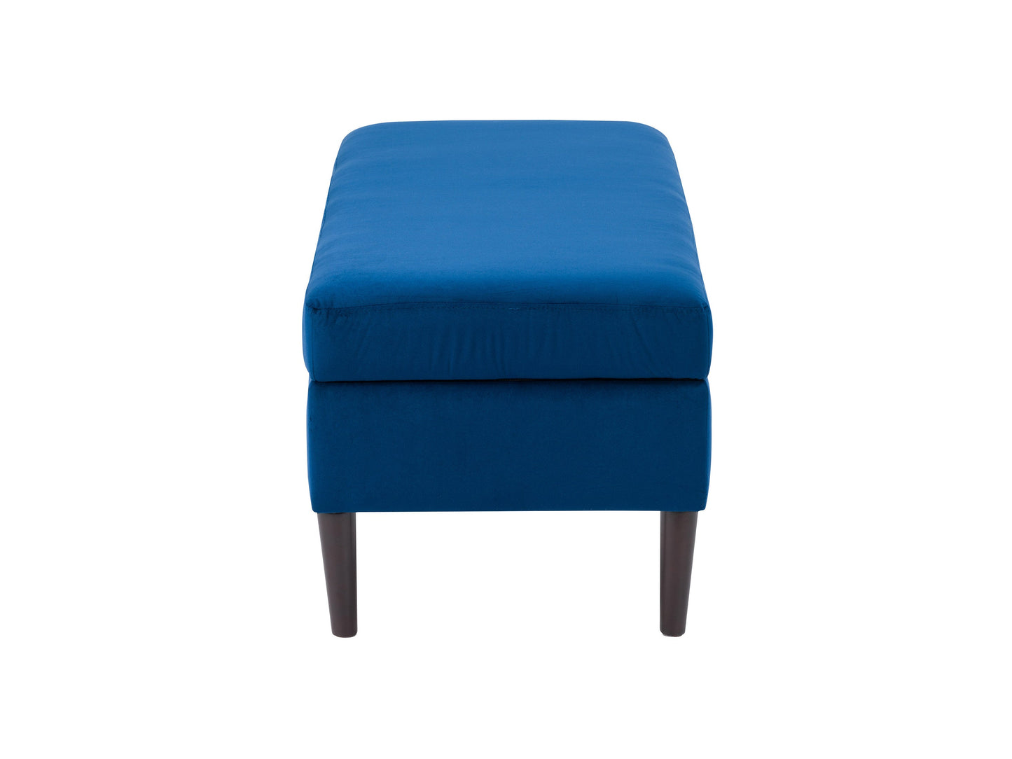 Blue velvet storage ottoman with gold metal legs, tufted top, and spacious interior.