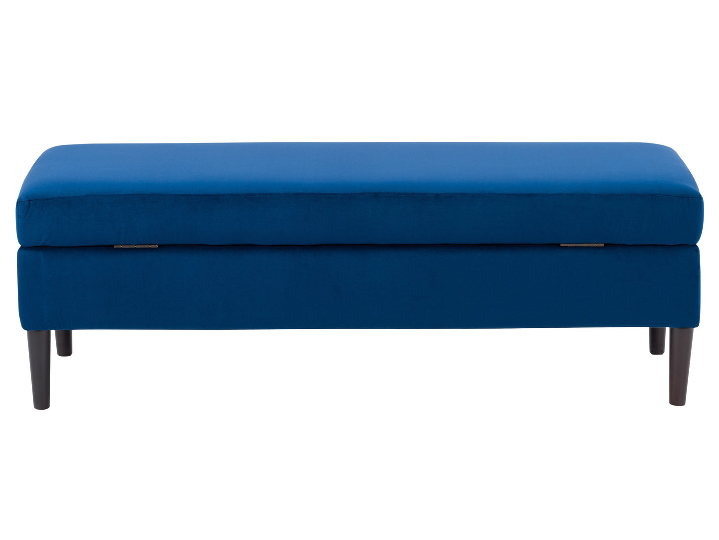 Blue velvet storage ottoman with tufted top, sleek design, and hidden compartment.