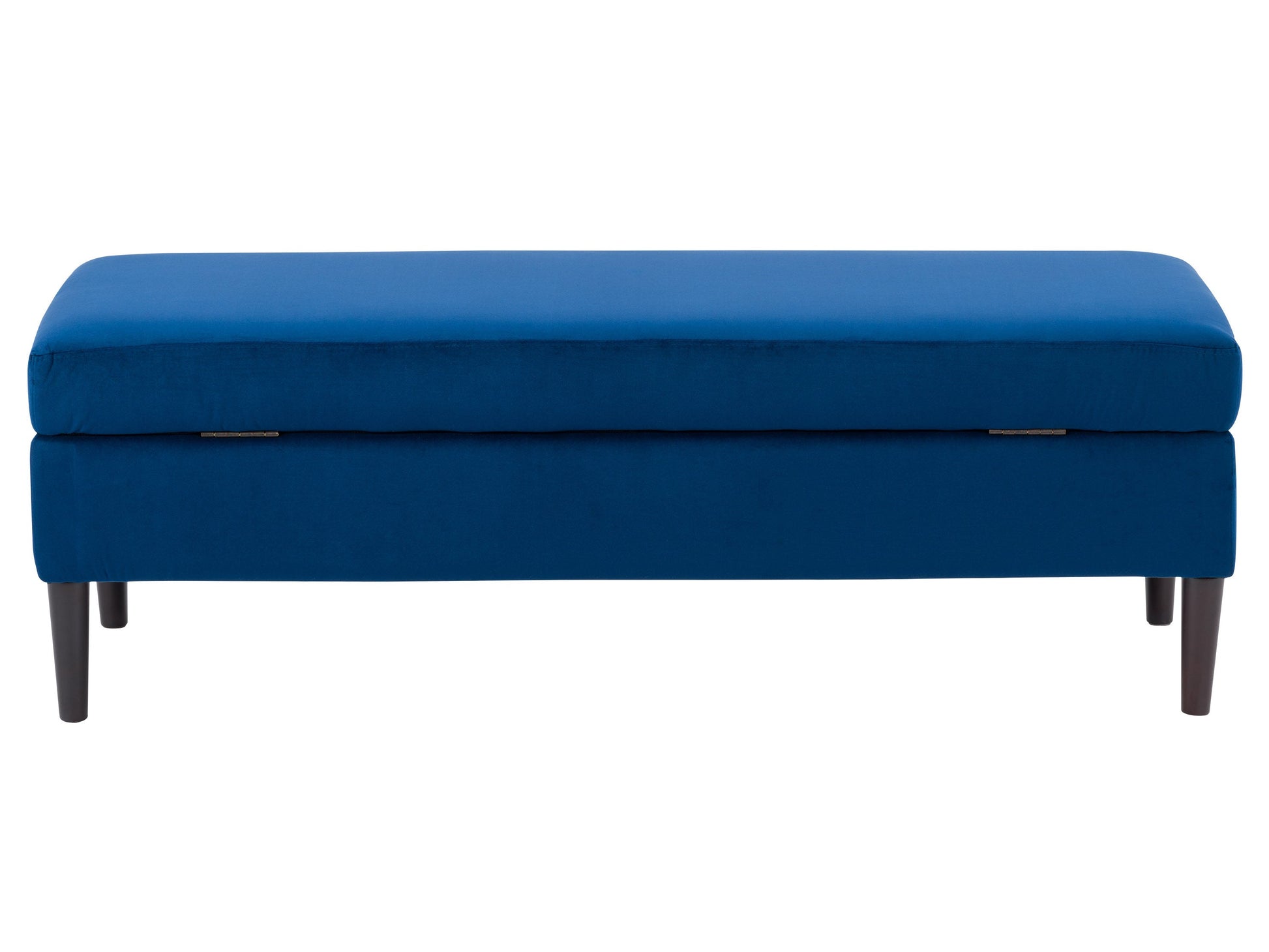 Blue velvet storage ottoman with tufted top, sleek design, and hidden compartment.