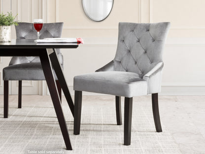 Set of 2 modern accent chairs with sleek black metal frames, plush grey fabric upholstery, and minimalist design. Perfect for living room or office, blending comfort and contemporary style.