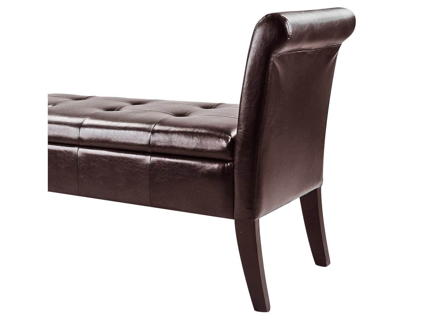 Dark brown storage bench with arms, upholstered in faux leather, featuring a cushioned seat and wooden legs.