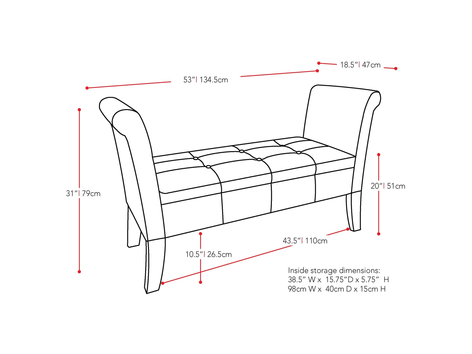 Dark brown storage bench with arms, upholstered seat, wooden frame, and sleek design. Perfect for entryways or living rooms.