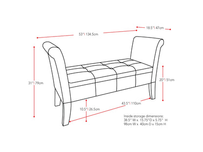 Dark brown storage bench with arms, upholstered seat, wooden frame, and sleek design. Perfect for entryways or living rooms.