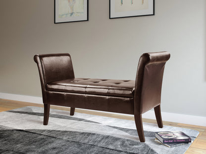 Dark brown storage bench with arms, upholstered seat, wooden frame, and built-in storage compartment.