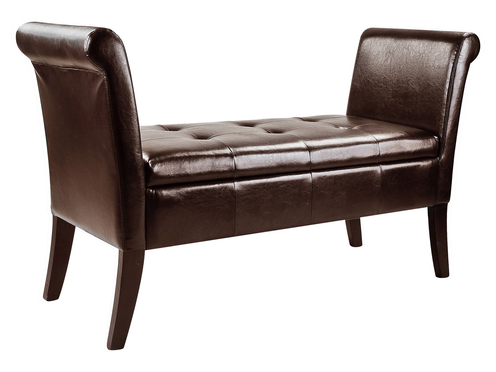 Dark brown storage bench with arms, faux leather upholstery, and wooden legs.