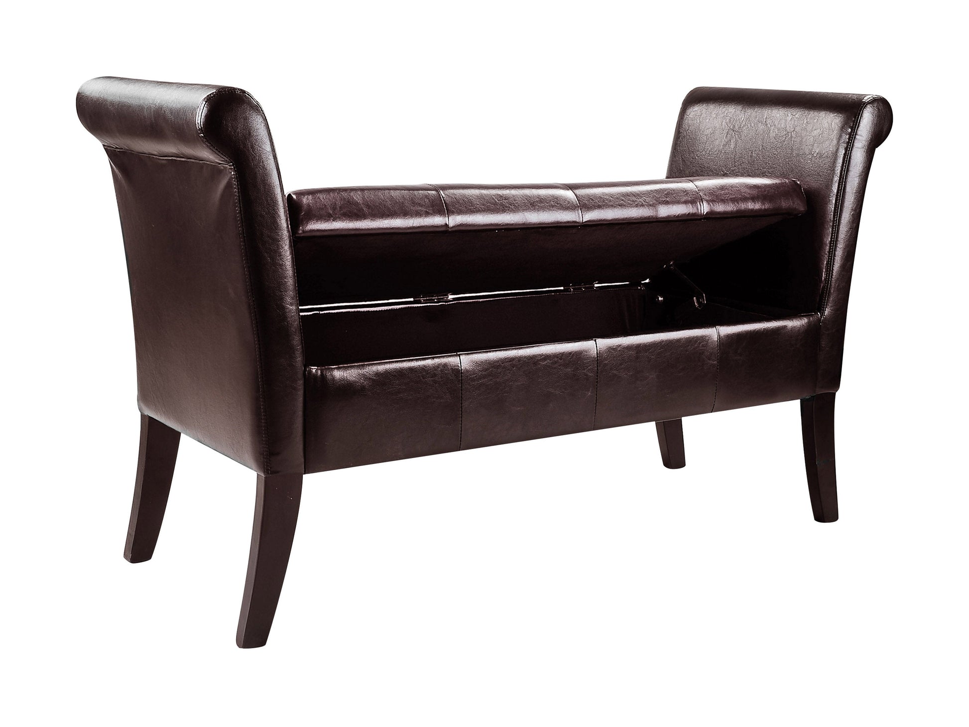 Dark brown storage bench with arms, upholstered fabric, wooden legs, and tufted seat cushion for modern living spaces.