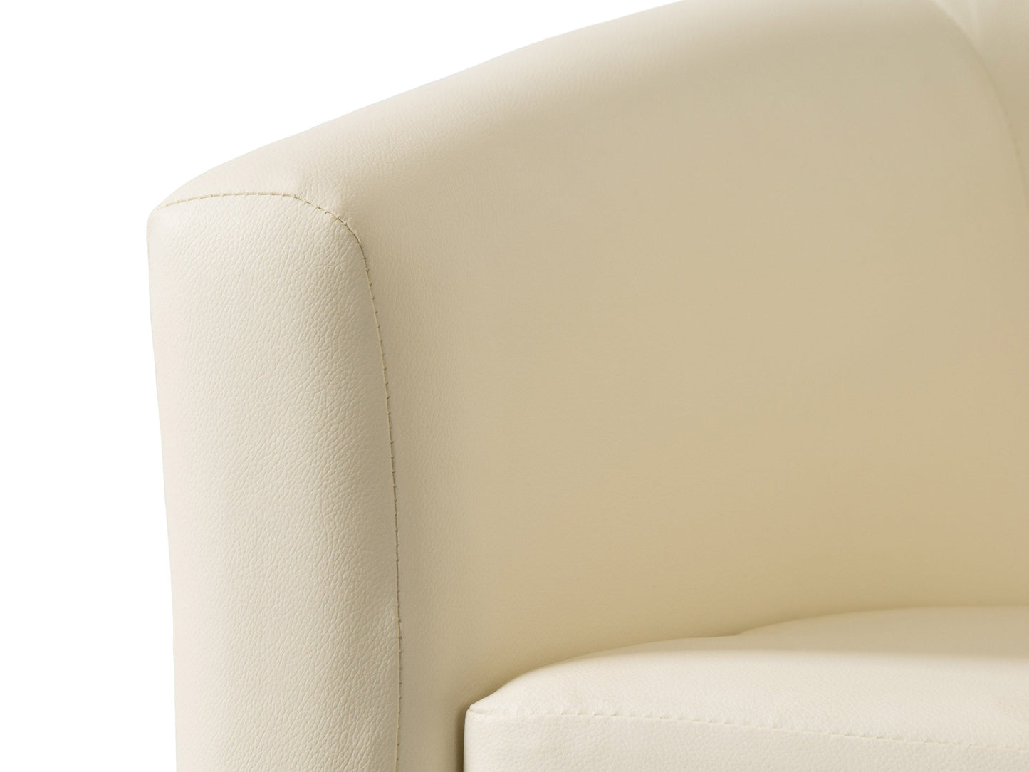 Warm white vegan leather barrel chair with curved backrest and wooden legs.