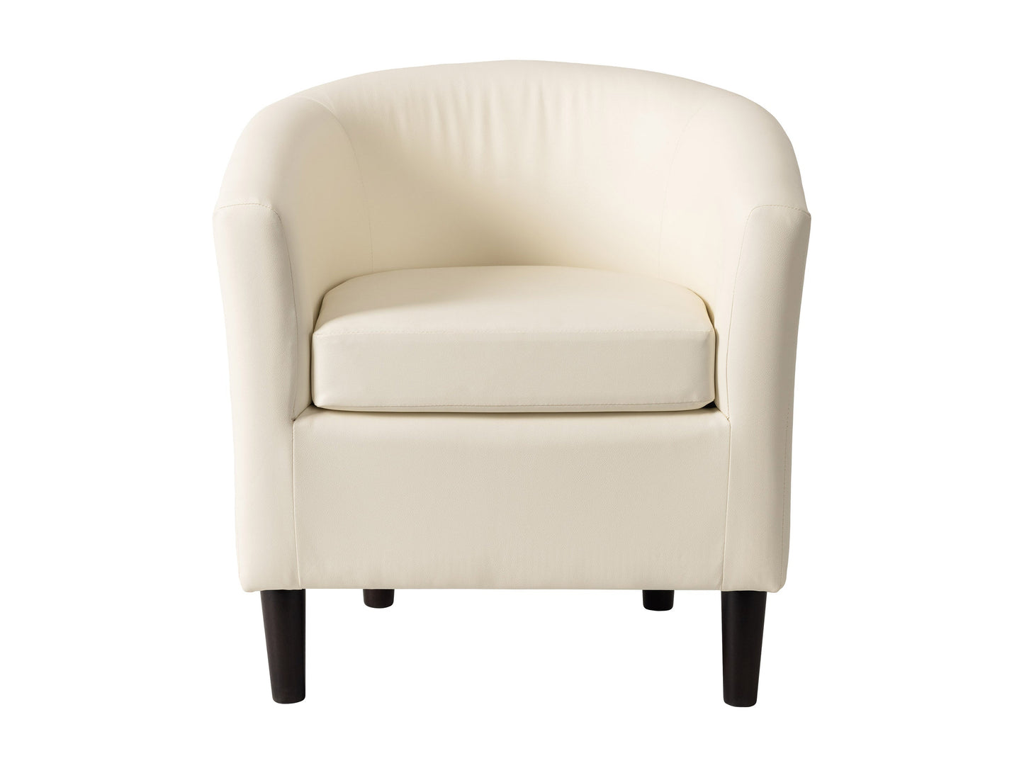 Vegan leather barrel chair in warm white with curved backrest and sleek wooden legs.