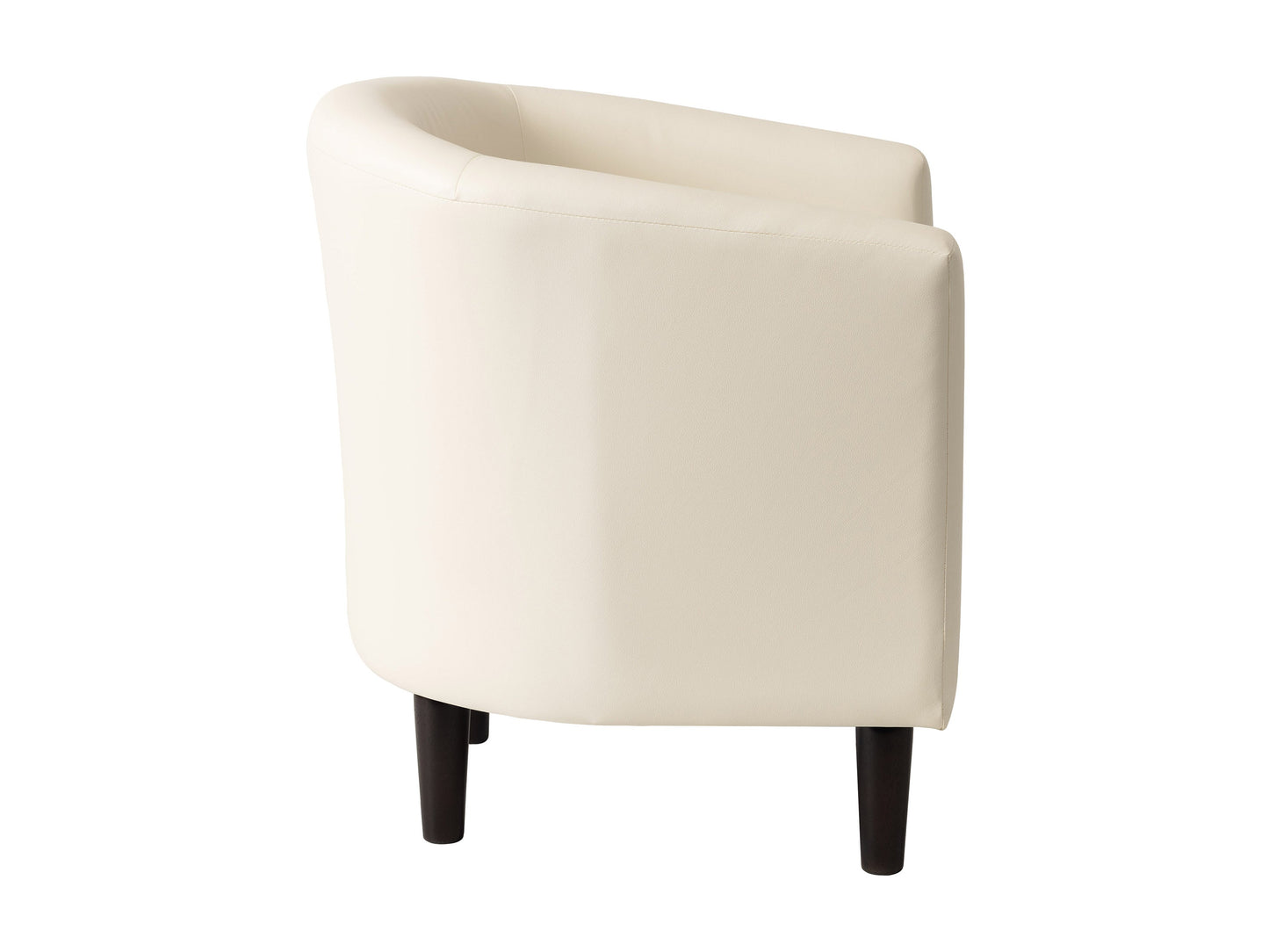 Warm white vegan leather barrel chair with sleek design and comfortable cushioning.