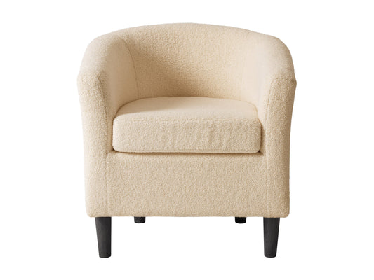 Chic white boucle barrel chair with curved backrest and wooden legs, perfect for modern living rooms.