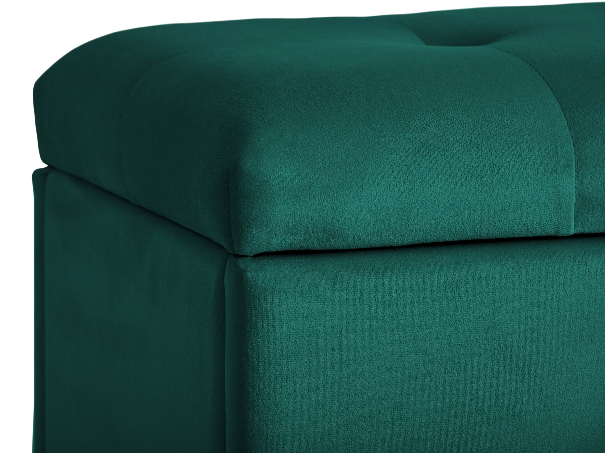 Green velvet ottoman with storage, tufted top, gold metal legs, and luxurious design.