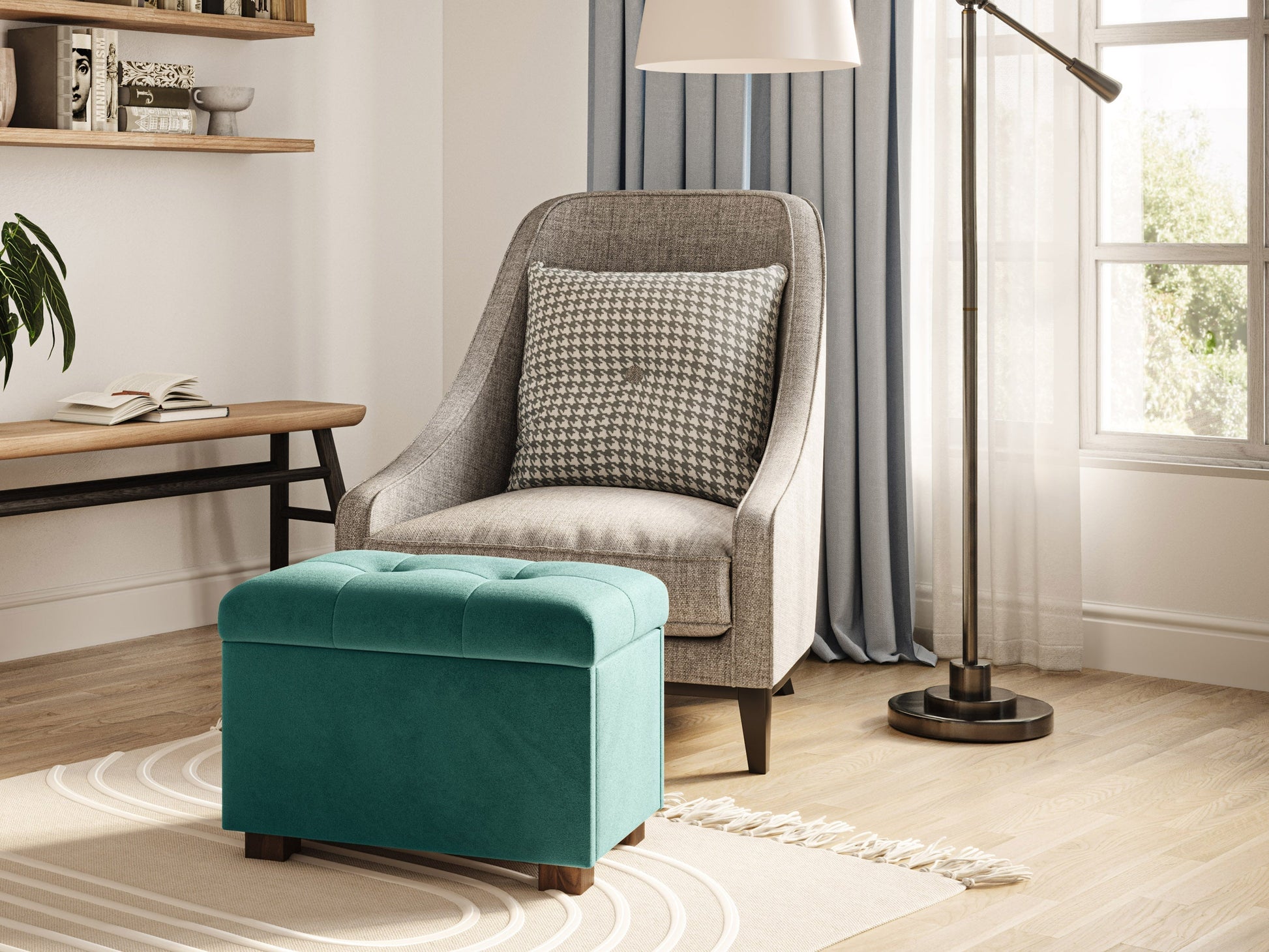 Green velvet ottoman with storage, tufted cushion, and gold metal legs.