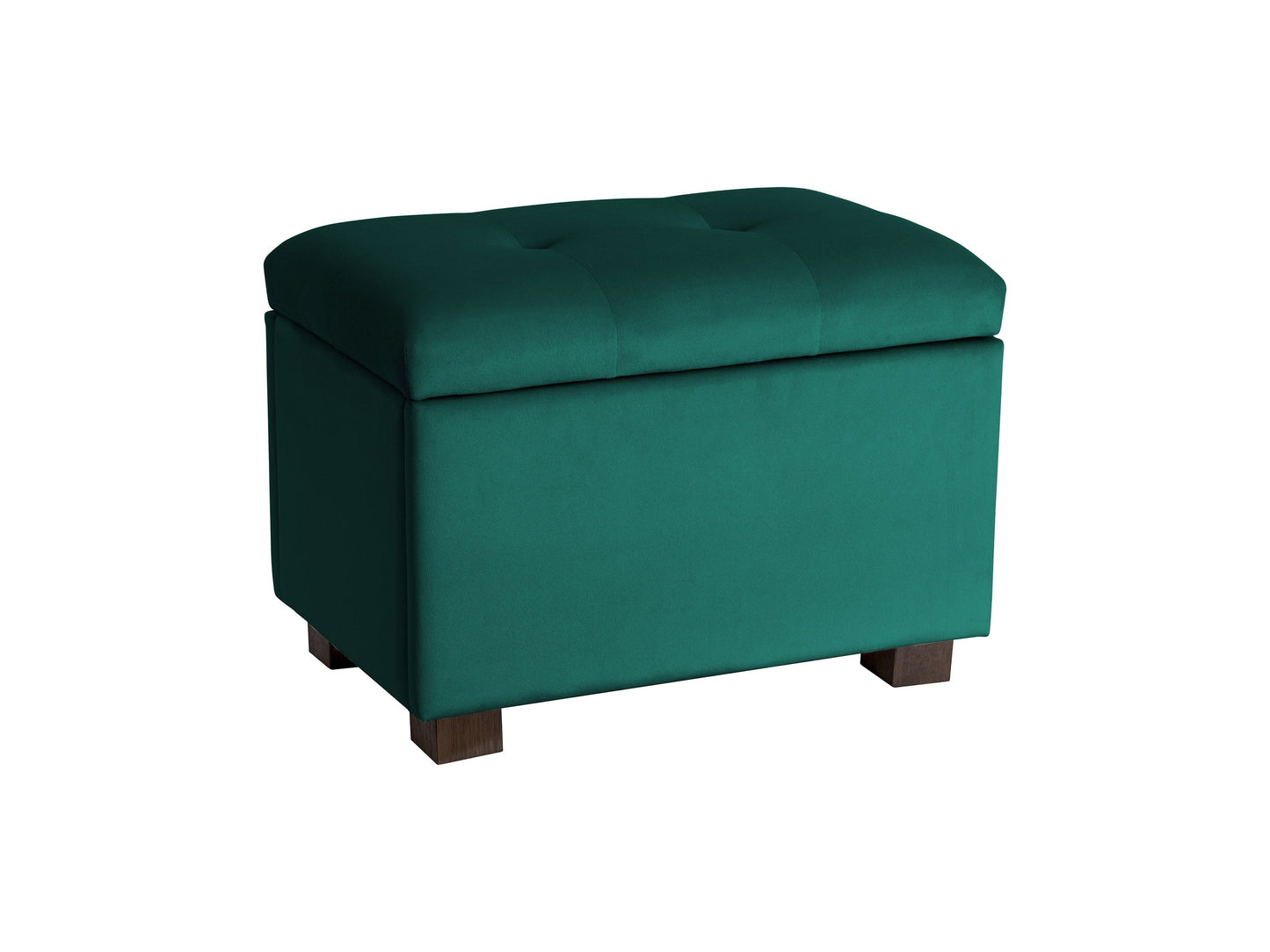 Green velvet ottoman with storage, tufted top, and wooden legs for living room or bedroom.