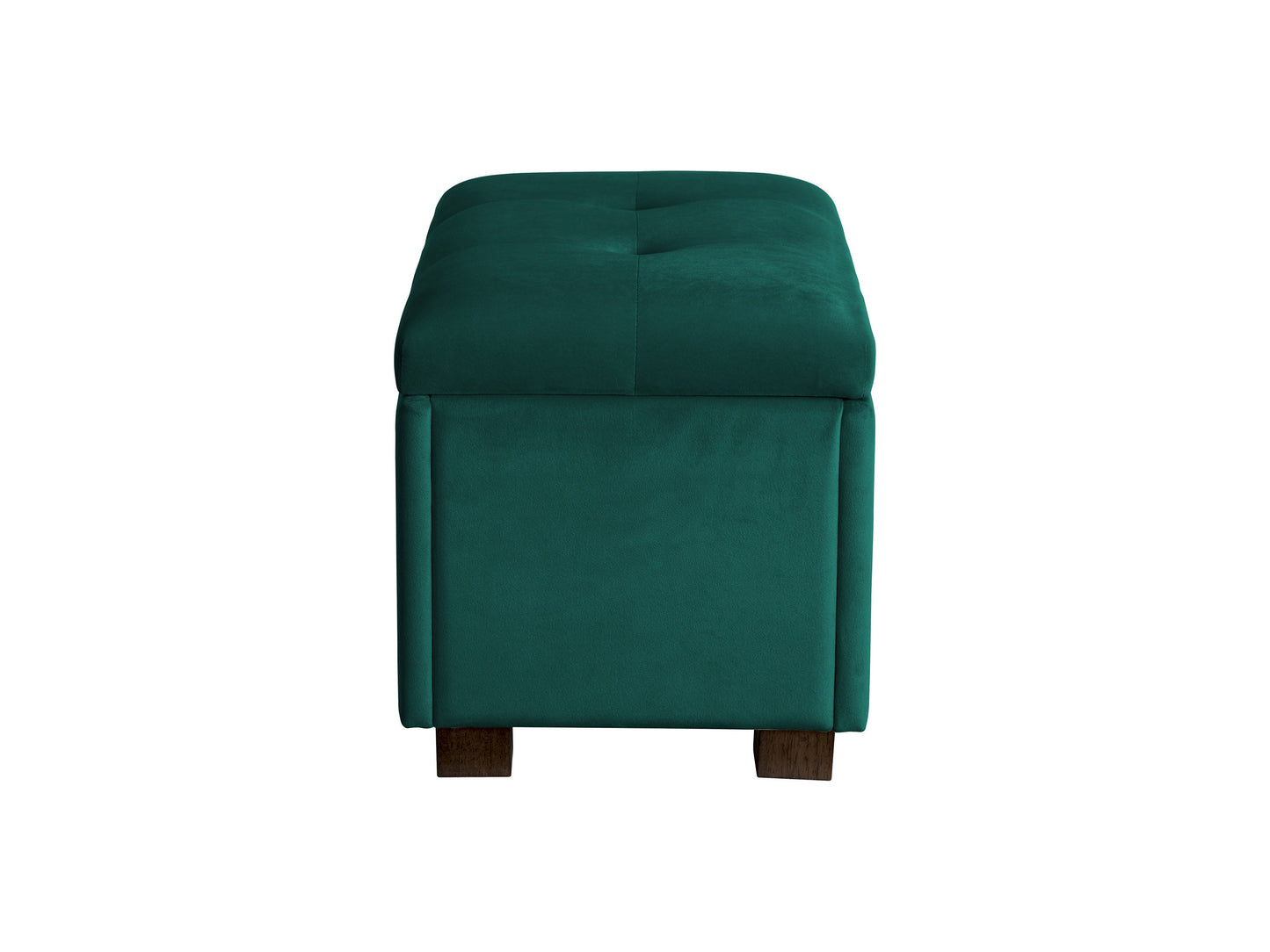 Green velvet ottoman with storage, tufted top, and wooden legs, perfect for modern living rooms.