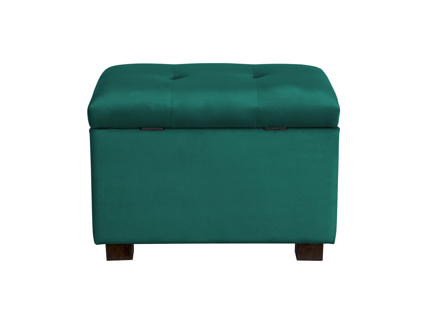 Green velvet ottoman with storage, tufted top, and gold metal legs.