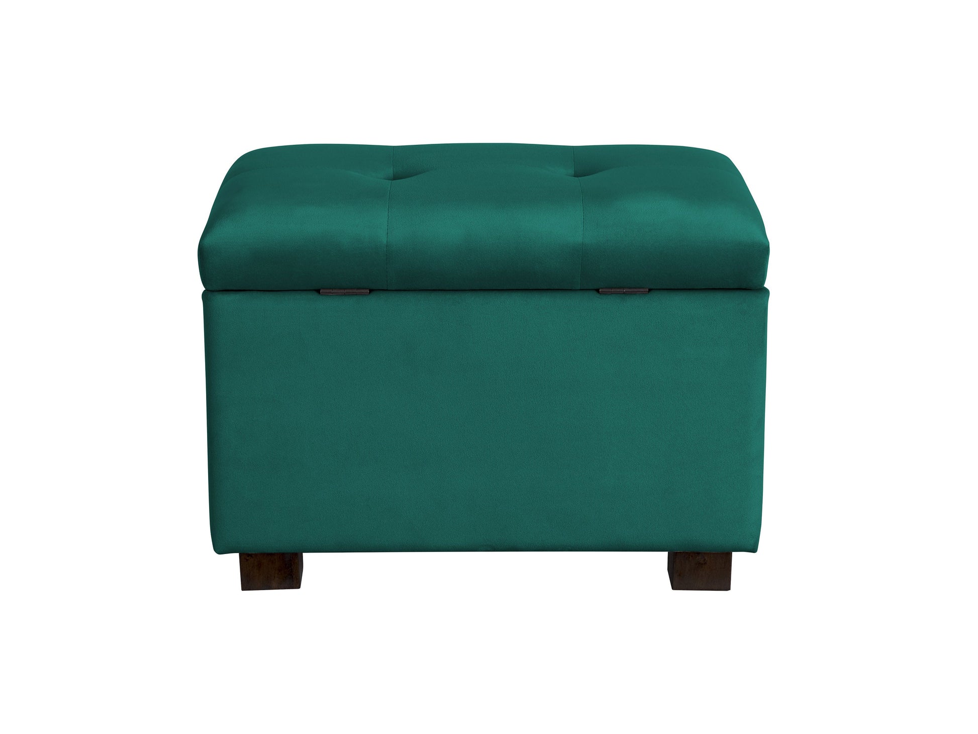 Green velvet ottoman with storage, tufted top, and gold metal legs.