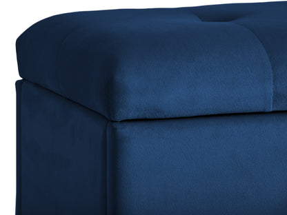 Blue velvet ottoman with storage, tufted top, and wooden legs - perfect for living room or bedroom.