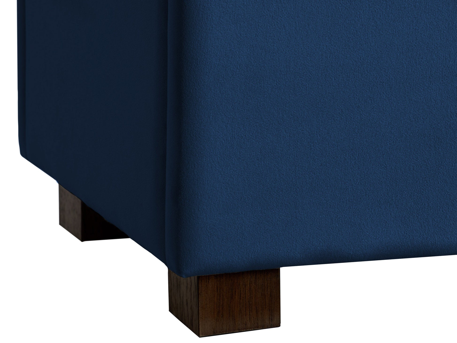 Blue velvet ottoman with storage, tufted top, and wooden legs, perfect for living room or bedroom decor.