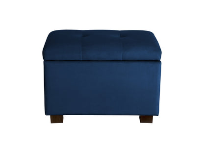 Blue velvet ottoman with storage, tufted top, and wooden legs for living room or bedroom.