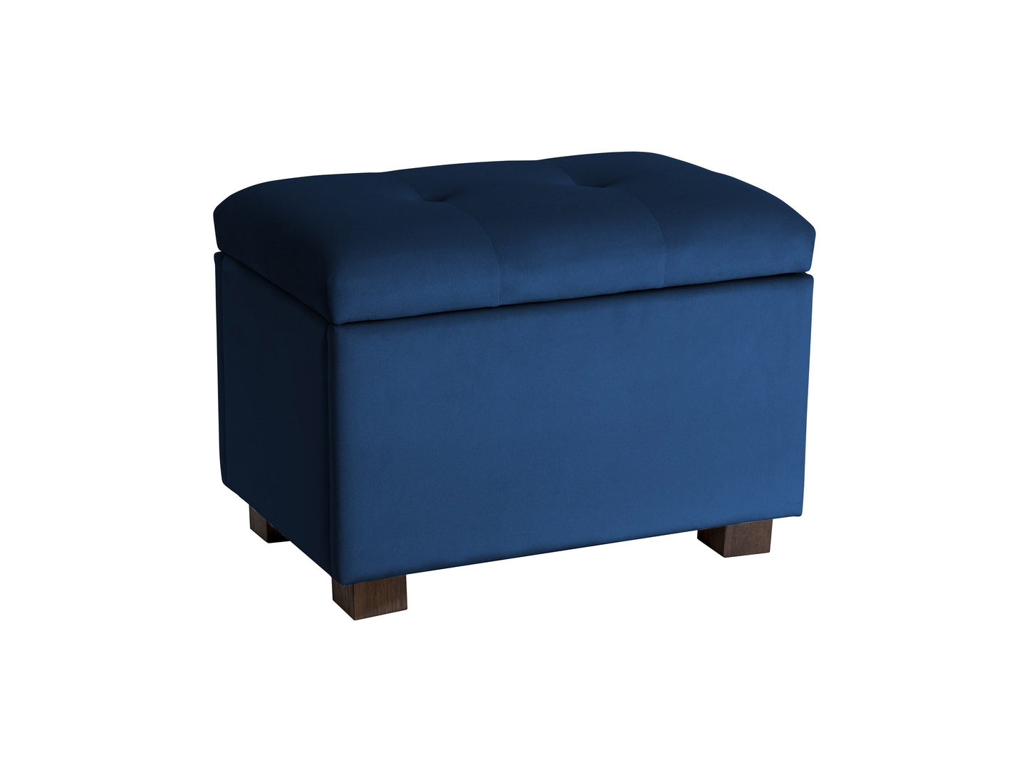 Blue velvet ottoman with storage, tufted top, and wooden legs, perfect for modern living rooms.