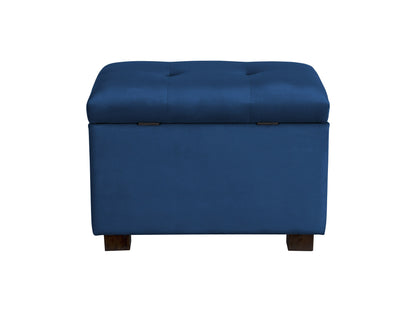 Blue velvet ottoman with storage, tufted top, and wooden legs.